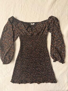Blush J Floral Smocked Mini Dress Medium Black Orange Ditsy